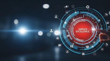 Business technology concept with service excellence button being pressed on a futuristic interface with glowing blue lights on a dark background