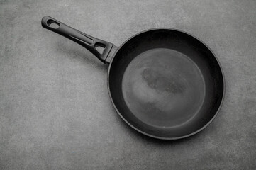 Dirty old non-stick frying pan on grey background
