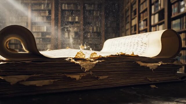 An ancient, brittle yellowed book open in a dimly lit library, pages unfurling to reveal forgotten lore and knowledge.