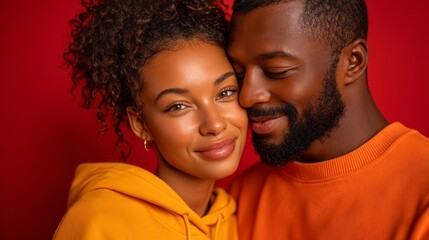 A man and a woman are hugging each other in a red background. The woman is wearing a yellow hoodie and the man is wearing an orange shirt. Scene is warm and affectionate