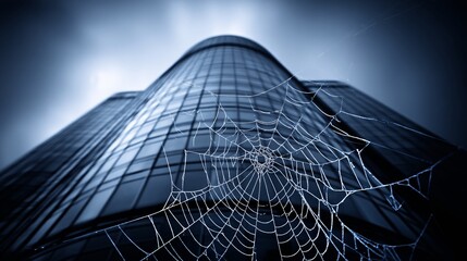 architectural illustration where a spiderweb is overlaid on a modern skyscraper or glass building. The web lines align with the structural beams, showing that integrity is the hidden framework 