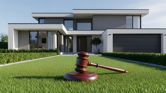 Modern house with gavel on lawn symbolizing real estate auction or legal property