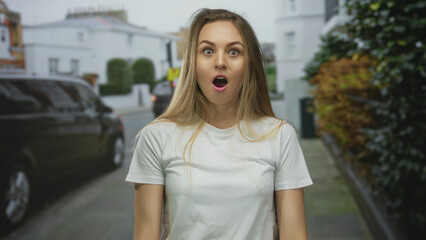 Obraz premium Woman surprised on city street covers mouth with hands wearing white shirt surrounded by urban background plants and cars expressing shock outdoors daytime