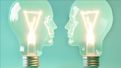 The depicts a creative representation of the concept of thinking with two blue glass bulbs reflecting an intricate design that resembles a human head - Powered by Adobe