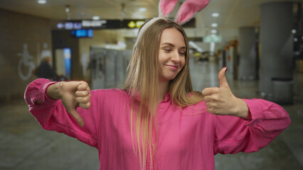 Woman with rabbit ears shows mixed gestures in an indoor airport setting wearing a pink shirt, blending humor with travel ambiance in a public space.