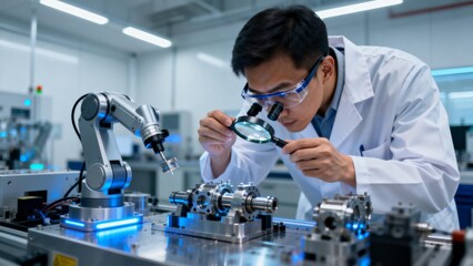 Engineer inspecting machinery in lab