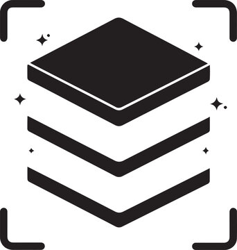 Layered effect icon with three stacked squares, material layers concept, depth and dimension graphic