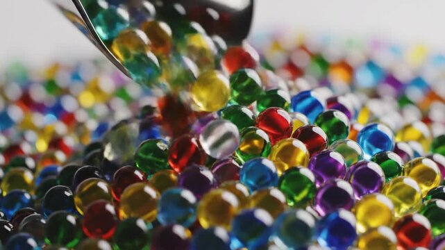 A Collection of Smooth Colorful Glass Beads Being Poured from a Scoop into a Pile