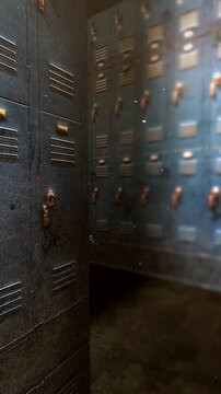 Dilapidated Storage Area, Aged Metal Hallway Inspection, Worker Examines Worn Steel Lockers In Dim Setting