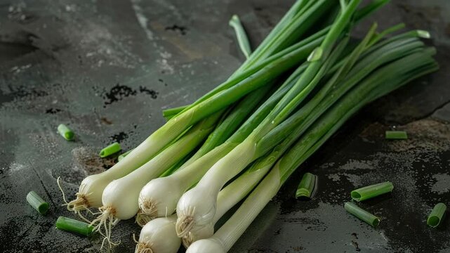 A collection of whole and unpeeled garlic bulbs with green tops, showcasing their organic texture and color, as well as the subtle hues of the wood beneath.