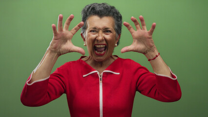 Fototapeta premium Senior woman with grey hair in a red outfit playfully roaring with clawed hands against a vibrant green background, exuding energy and enthusiasm.