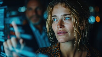 Conceptual Portrait of a Focused Businesswoman Interacting with a Transparent Holographic Digital Screen Interface in a Modern High-Tech Office Environment