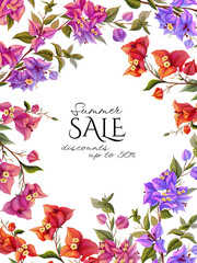 Tropical frame with bougainvillea flower. Botanical template with a delicate branch of an exotic plant. Floral decoration for cards, invitations. Banner for summer sale 