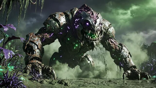 A colossal bio-mechanical monster with glowing purple and green accents emerges from a murky, alien swamp.