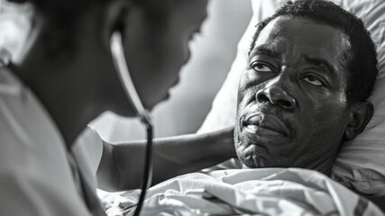 An elderly man lying in a hospital bed talks with his caregiver. A compassionate interaction in healthcare setting.