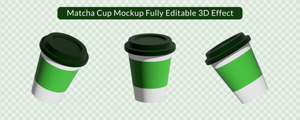 3D Matcha Coffee Cup Mockup Set - Green Tea Paper Cups on Transparent Background