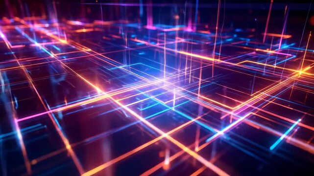 Abstract digital grid with glowing neon lines in vibrant blue and orange
