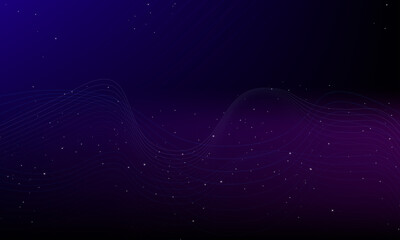 Abstract Dark Purple and Blue Gradient Background with Glowing Particles and Wavy Lines