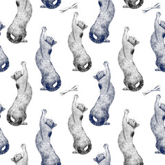 Seamless pencil pattern with different cat breeds in playful and relaxed poses on a white background. Suitable for wrapping paper, fabric, wallpaper, and cat-themed stationery.