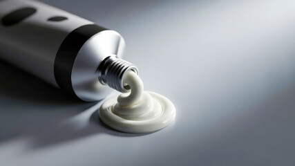 Thick white lotion or ointment flowing from a silver nozzle onto a smooth gray surface. Macro composition with soft lighting and clean shadows.
