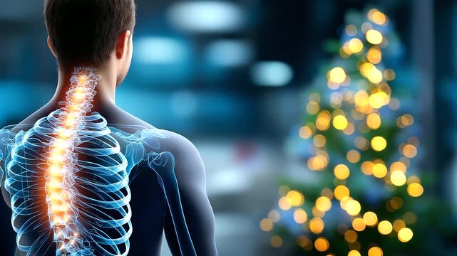 Faceless patient silhouette experiencing upper back discomfort, digitally rendered spine and rib cage with glowing tension points, defocused winter healthcare setting with Christma