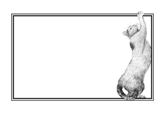 Pencil sketch of a stretching cat in a tall upright pose, placed inside a double-line black frame. Large empty space on the left side for text or design use. Ideal for cards or posters. © _Julia_red