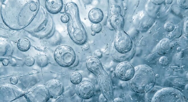 Stunning blue gel bubbles floating in clear liquid substance