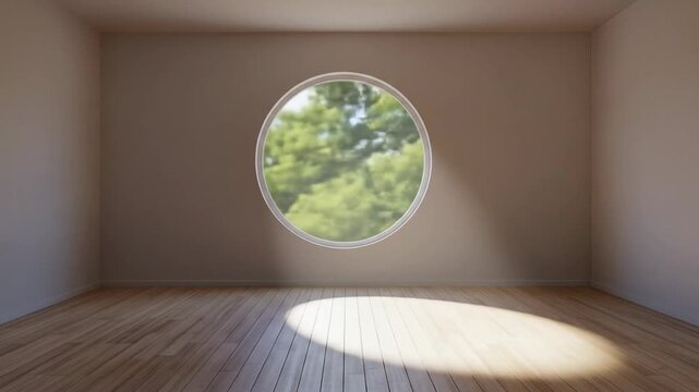 Empty room with a round window and sunlight streaming in.