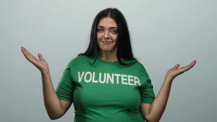 Woman posing in green volunteer shirt over isolated white background conveys friendliness and approachability with her open-handed gesture.