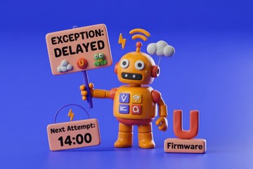 Fototapeta premium A cartoon robot holding a sign that reads exception delayed against a blue background with signs indicating next attempt and firmware update