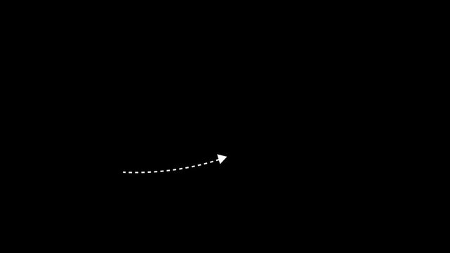 Arrow animation following wavy dotted line. Target arrow icon on black background. Long dotted line arrow animation to indicate an object. 4k Video