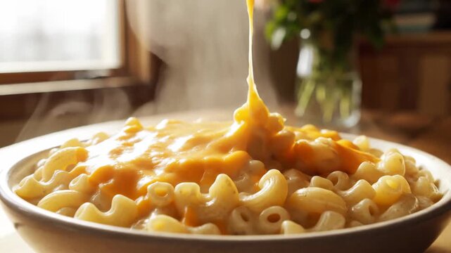 A hearty serving of creamy macaroni and cheese with strings of melted cheese stretching upwards