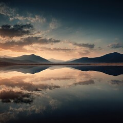 Obraz premium Minimalist Lake and Mountain Reflection – Tranquil Water Mirror Under Clear Sky | Zen Nature Scene for Relaxation, Mindfulness, and Scenic Background Use