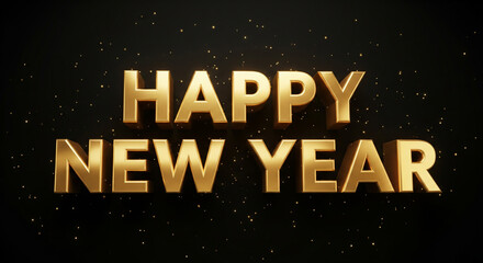 Luxury Happy New Year message in bold gold 3d text on a dark background with sparkling particles perfect for elegant seasonal celebrations and greetings