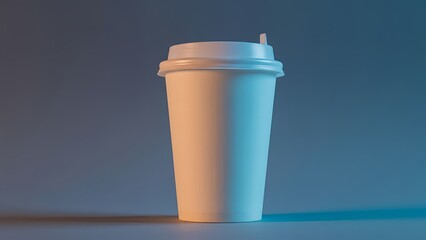 Disposable paper coffee cup on blue background with warm lighting