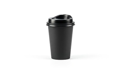 Black disposable coffee cup with lid on white background