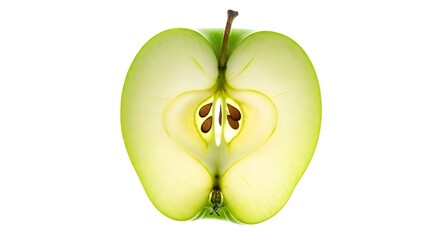 Fresh green apple cut in half showing seeds on white background