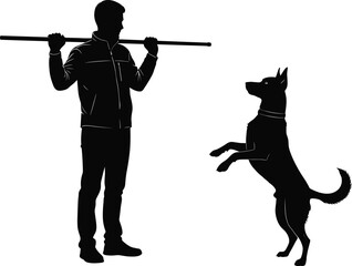 Person and dog, silhouette, training moment, emotional bond, black and white, interaction, upright pose, playful dog, stick, collar, alert, expressive, symbolic, companionship, outdoor scene © Khairun