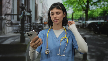Woman nurse in blue scrubs holds smartphone and touches forehead at street; digital technology...