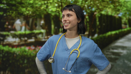 Woman doctor in blue scrubs with yellow stethoscope stands with hands on hips on street; confidence.