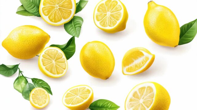 A vibrant and high-resolution of lemons with leaves, displayed in a pleasing pattern on a white backdrop.