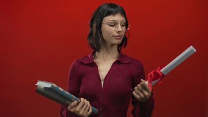 Hispanic woman holding two books and rolled diploma scroll against red studio wall; achievement pride.