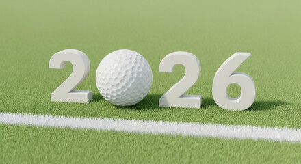New Year 2026 concept on a golf course with the dimpled ball replacing the zero, celebrating the future sports season