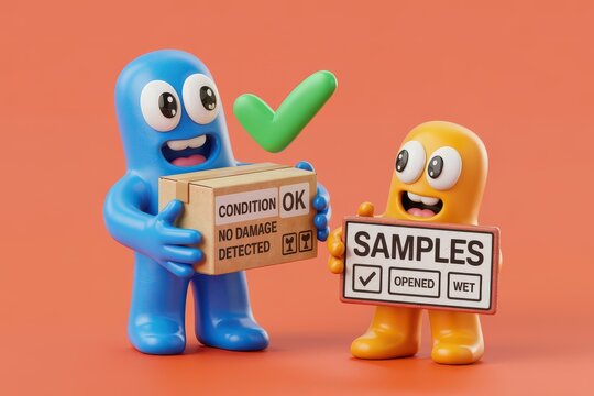 3D cartoon characters holding sample boxes with approval and inspection labels on a vibrant orange background