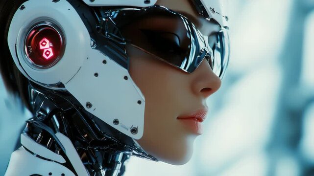Close-up of a humanoid robot featuring detailed circuitry and futuristic goggles. The head is angled slightly to the side showing its complex mechanical construction.