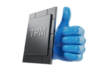 Blue thumbs up hand next to a metallic TPM module on a black background trusted platform module security
