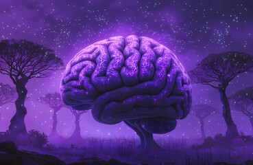 Fototapeta premium Surreal brain forest with glowing neural trees and data particles, AI concept