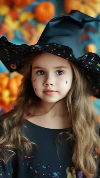 A young girl with long hair and makeup, wearing a witch costume with face paint, set against a background of colorful pumpkins for a festive Halloween theme.