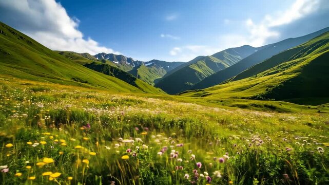 Vibrant meadow filled with wildflowers under rolling green hills and a bright blue sky.