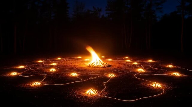 A large bonfire illuminates a forest clearing at night surrounded by smaller fires and glowing embers.